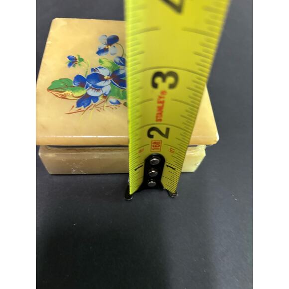 Vintage Alabaster Powder Box Vanity Item Blue Floral Stone Trinket Ring Box - Picture 9 of 9